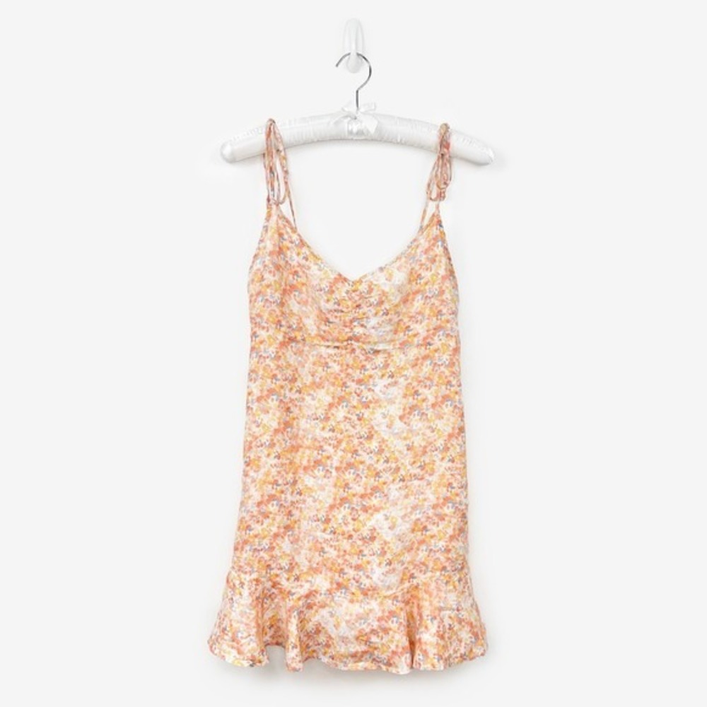 Cloth & Stone Floral‎ Mini Dress Size S Orange Linen Smocked Ruffle Boho Cottage